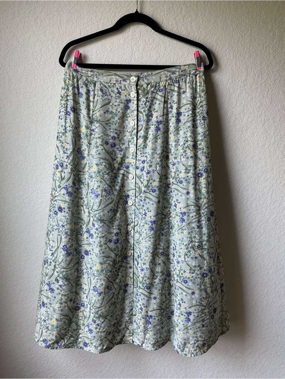 Vintage 90s Floral Rayon Button Front Midi Skirt Sage Green PL